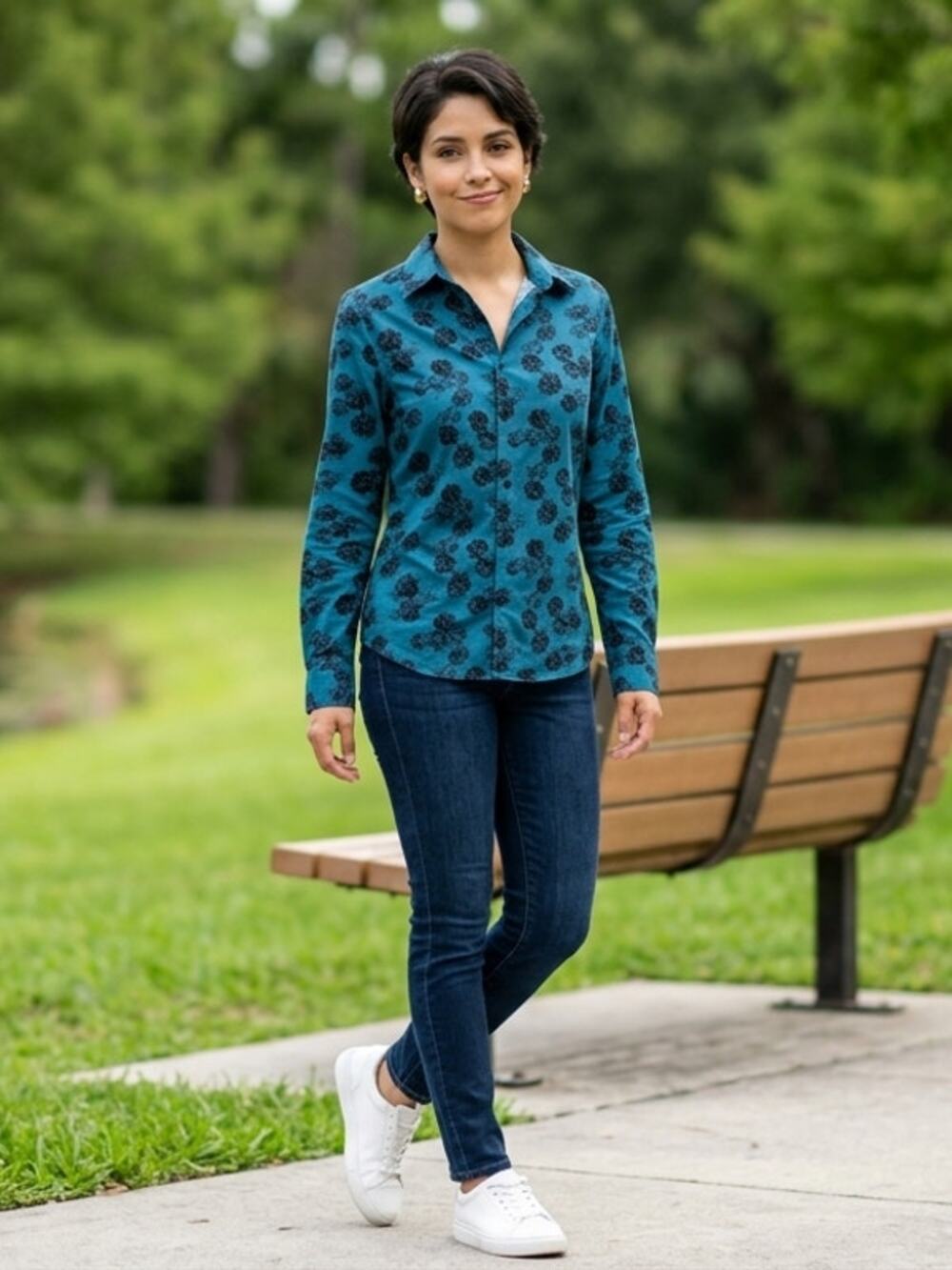 Express Blue Floral Collared Lightweight Button-Up Shirt Women Size S